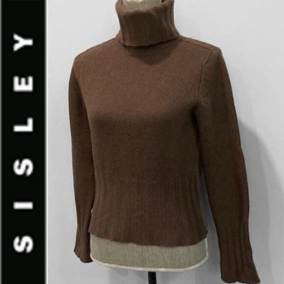 SISLEY Turtleneck Sweater Brown Wool Chunky Angora - Picture 2 of 12